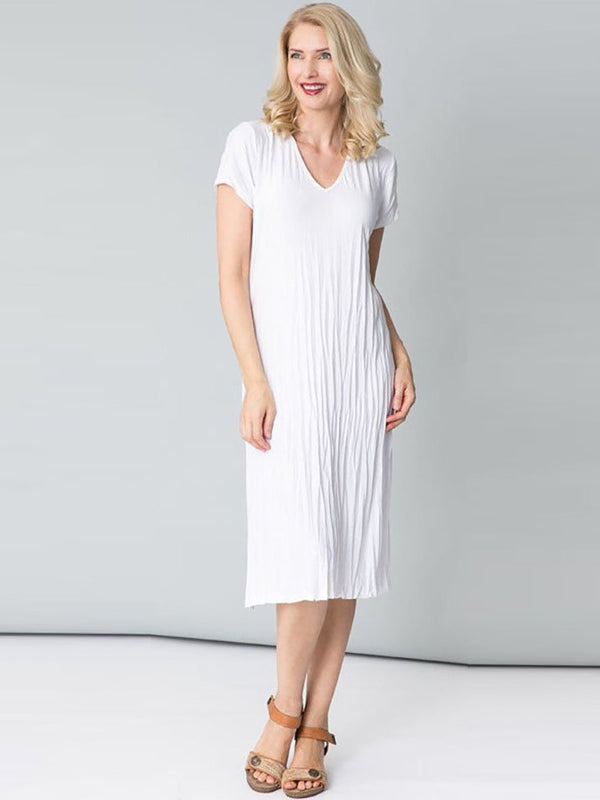Capped Sleeve White Crinkle Dress