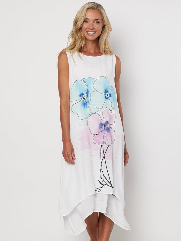 White Sleeveless Dress with Flower Print