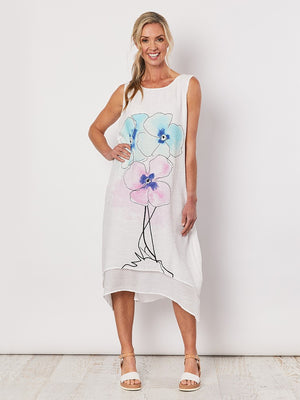 White Sleeveless Dress with Flower Print