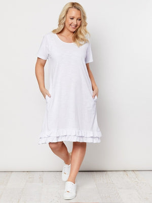 White Frilled Hem Cotton T-Shirt Dress